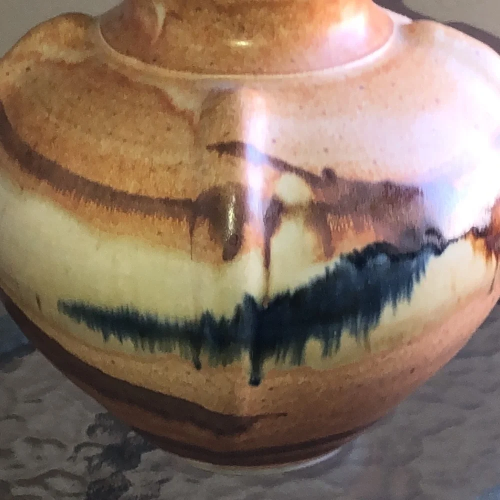 Glazed Vase Tan brown blue colors Made in 93/95’
